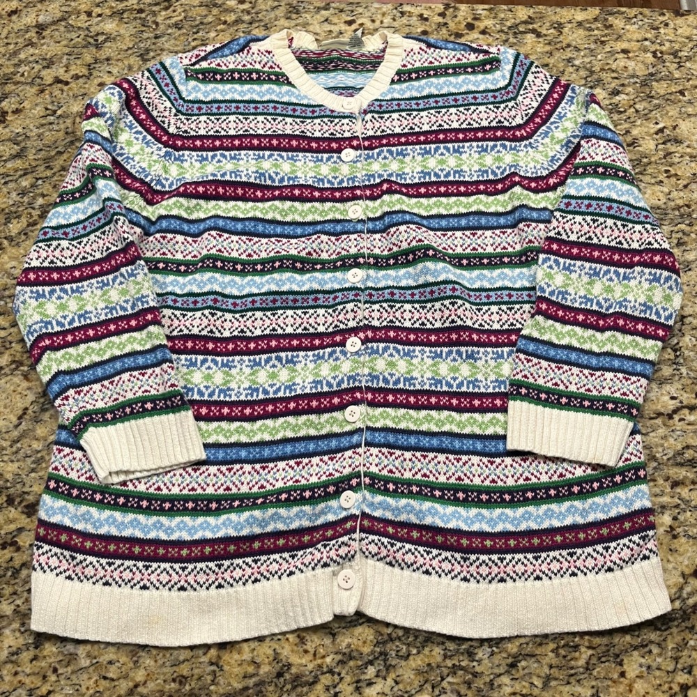 Cherokee Womens 3X Fair Isle Cardigan Sweater Multi Color Ramie Cotton Knit 90s